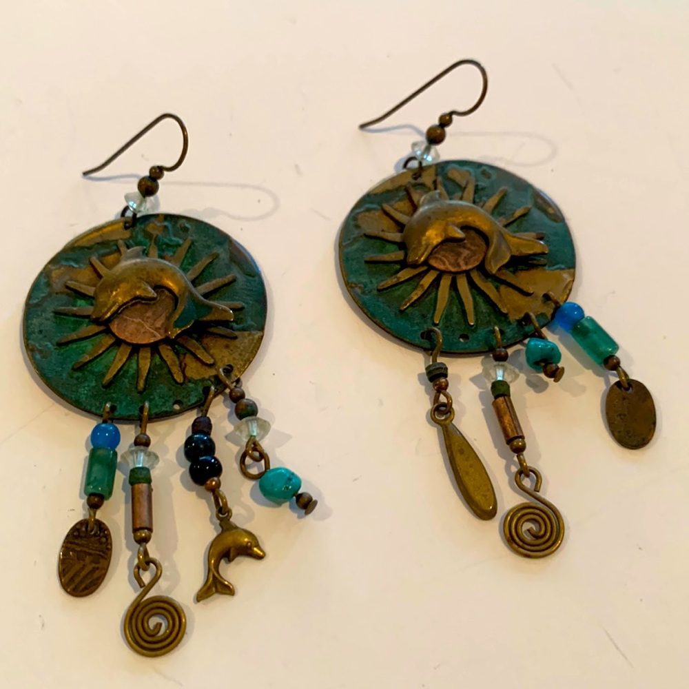Vintage Blue and Green Copper Dolphin Dangle Earrings